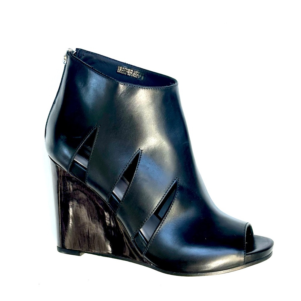 New Capezzani Cutout Leather Ankle Boots, Wedge heels, Black, size 38, US 8